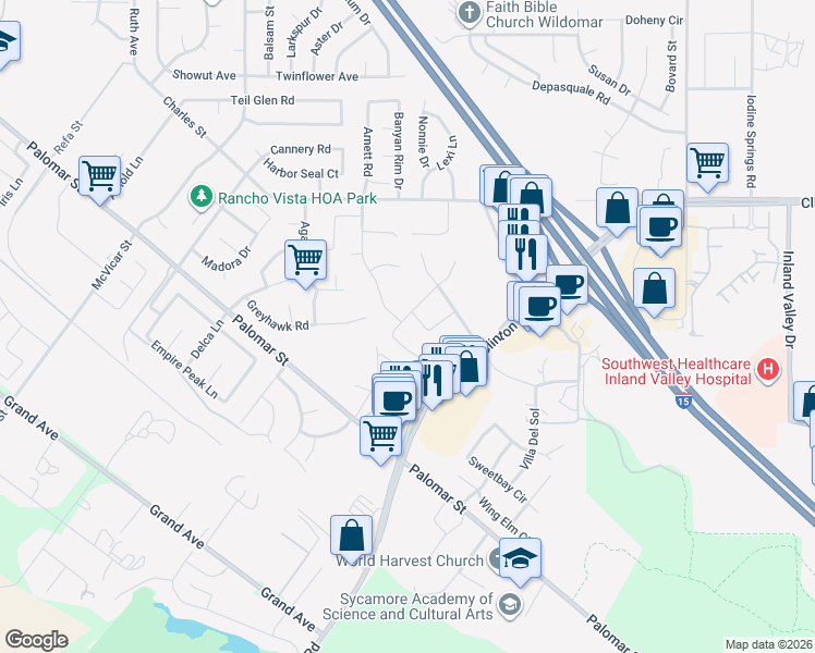map of restaurants, bars, coffee shops, grocery stores, and more near 23347 Crystal Way in Wildomar