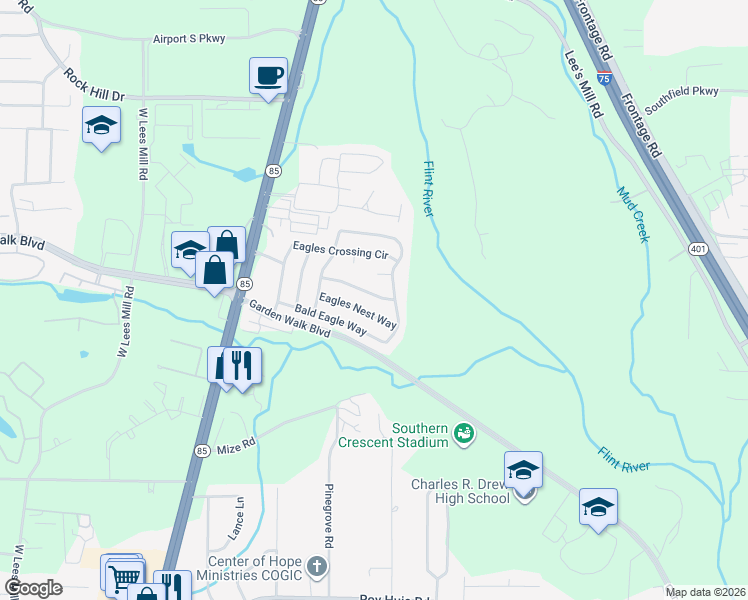 map of restaurants, bars, coffee shops, grocery stores, and more near 377 Eagles Flight Lane in Riverdale