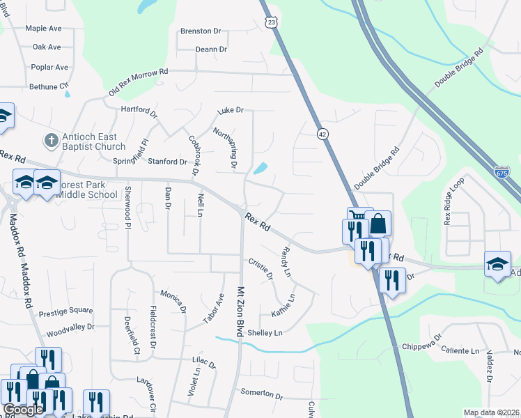 map of restaurants, bars, coffee shops, grocery stores, and more near 2729 Terries Landing Court in Ellenwood