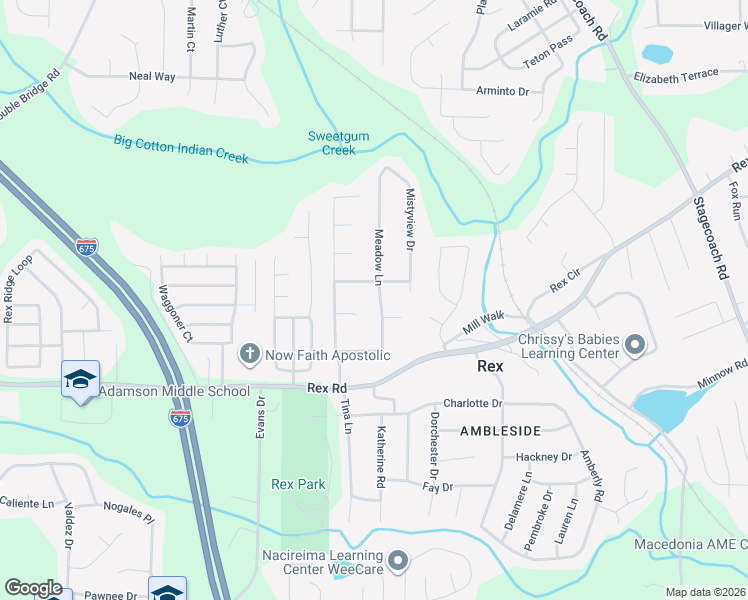 map of restaurants, bars, coffee shops, grocery stores, and more near 5893 Meadow Lane in Rex