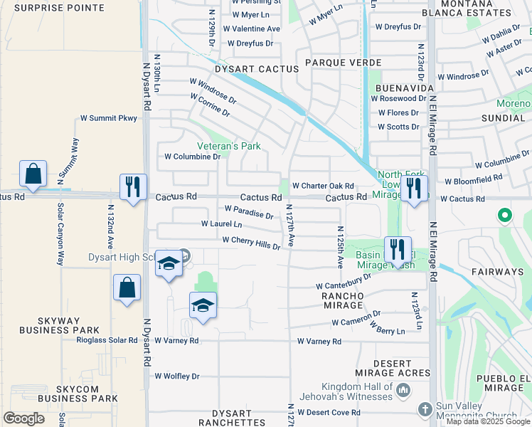 map of restaurants, bars, coffee shops, grocery stores, and more near 12101 North 128th Avenue in El Mirage