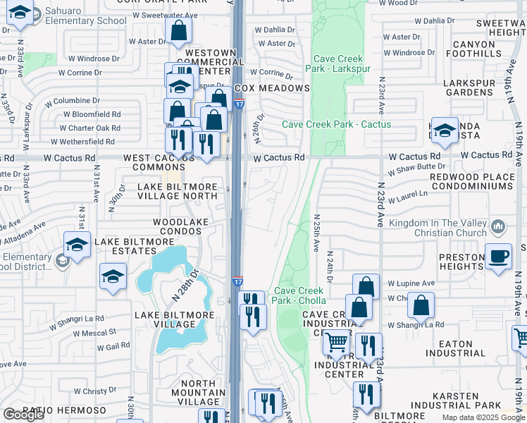 map of restaurants, bars, coffee shops, grocery stores, and more near 2529 West Cactus Road in Phoenix