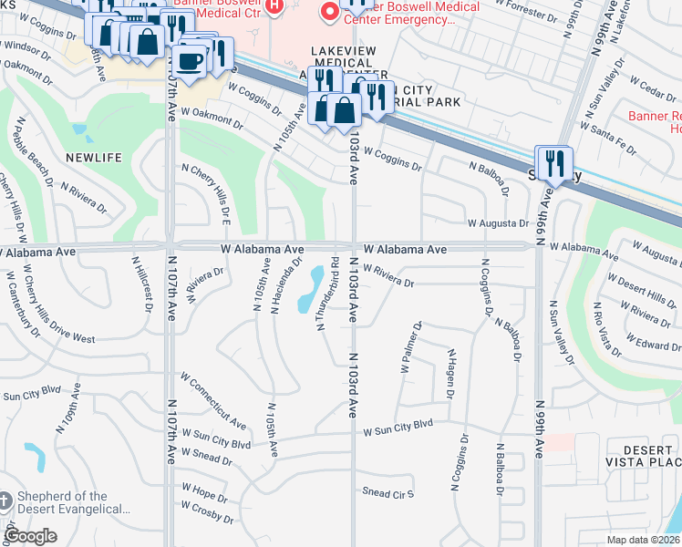 map of restaurants, bars, coffee shops, grocery stores, and more near 12028 North Thunderbird Road in Sun City