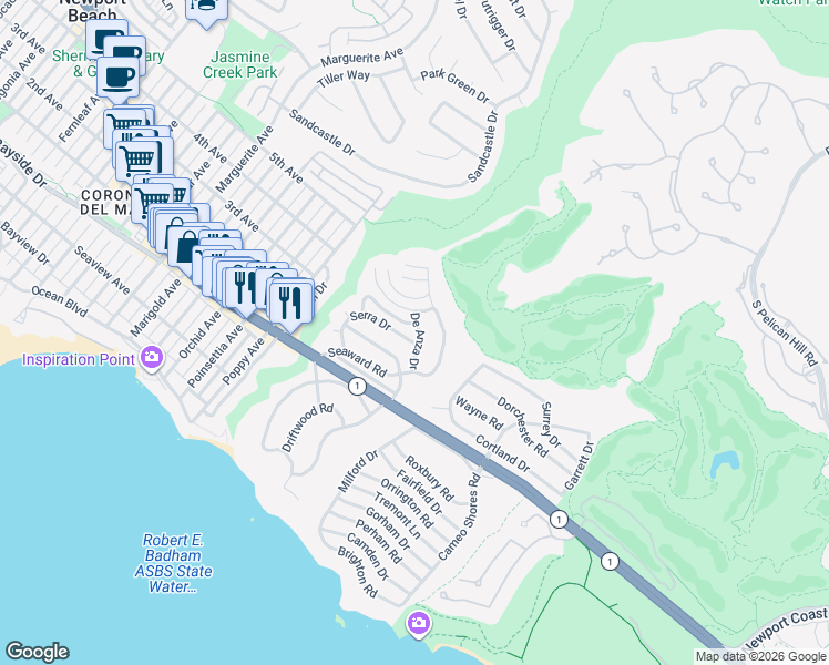map of restaurants, bars, coffee shops, grocery stores, and more near 531 De Anza Drive in Newport Beach