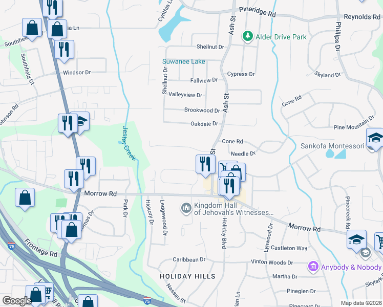 map of restaurants, bars, coffee shops, grocery stores, and more near 693 Melrose Drive in Forest Park