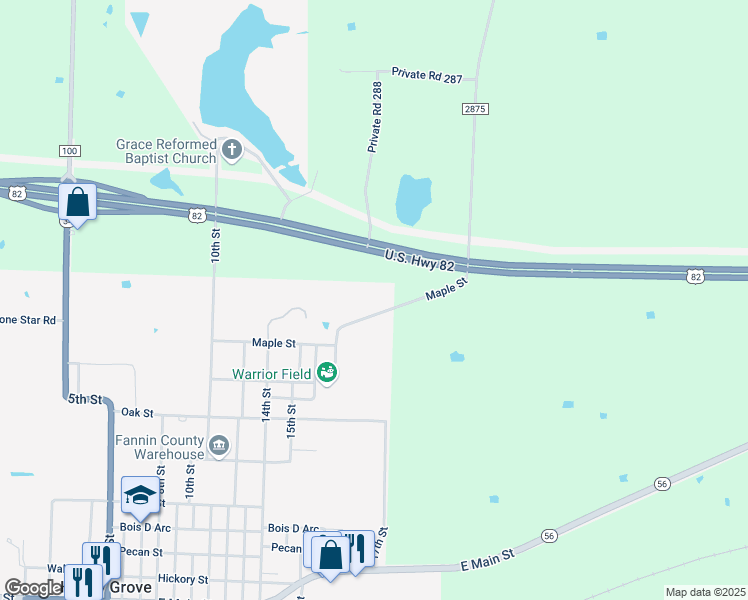 map of restaurants, bars, coffee shops, grocery stores, and more near 1209 County Road 2875 in Honey Grove