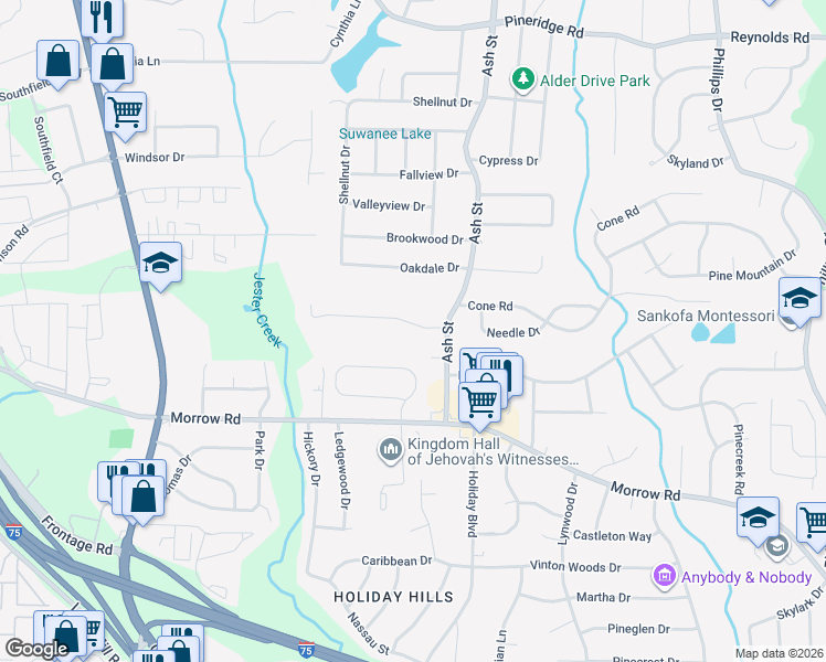 map of restaurants, bars, coffee shops, grocery stores, and more near 693 Melrose Drive in Forest Park