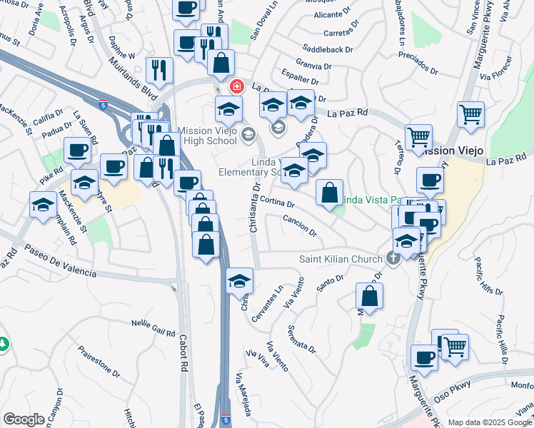 map of restaurants, bars, coffee shops, grocery stores, and more near 26401 Cancion Drive in Mission Viejo