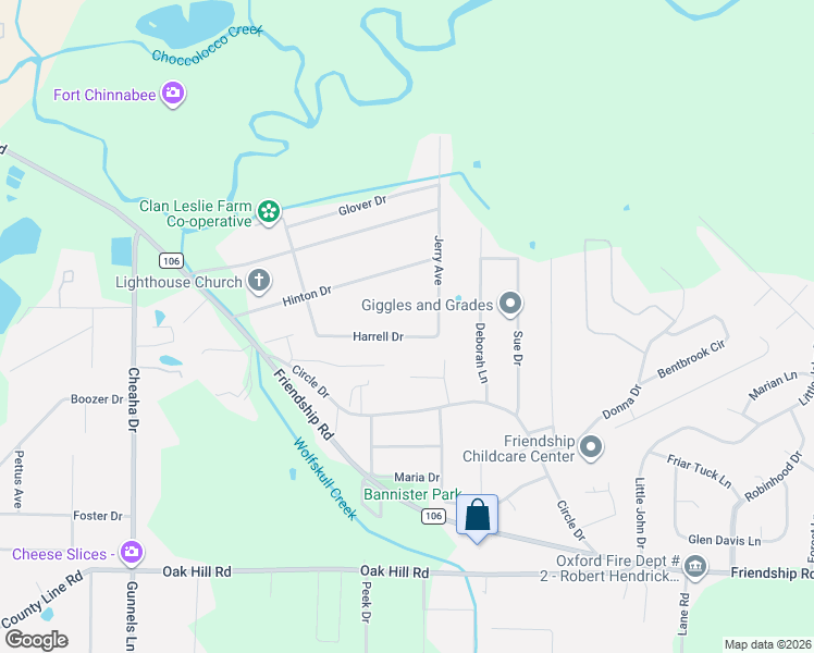 map of restaurants, bars, coffee shops, grocery stores, and more near 2127 Harrell Drive in Oxford