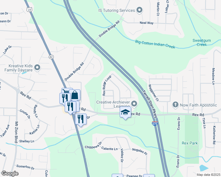 map of restaurants, bars, coffee shops, grocery stores, and more near 3106 Rex Ridge Circle in Rex