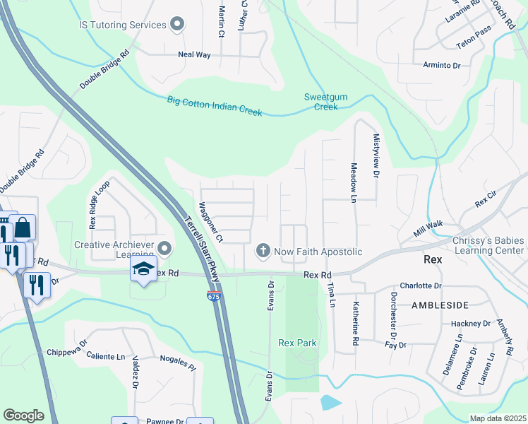 map of restaurants, bars, coffee shops, grocery stores, and more near 5885 Waggoner Cove in Rex