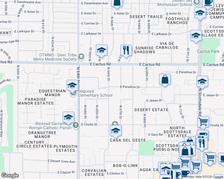 map of restaurants, bars, coffee shops, grocery stores, and more near 6535 East Paradise Drive in Scottsdale