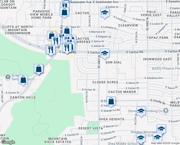 map of restaurants, bars, coffee shops, grocery stores, and more near 2313 East Laurel Lane in Phoenix