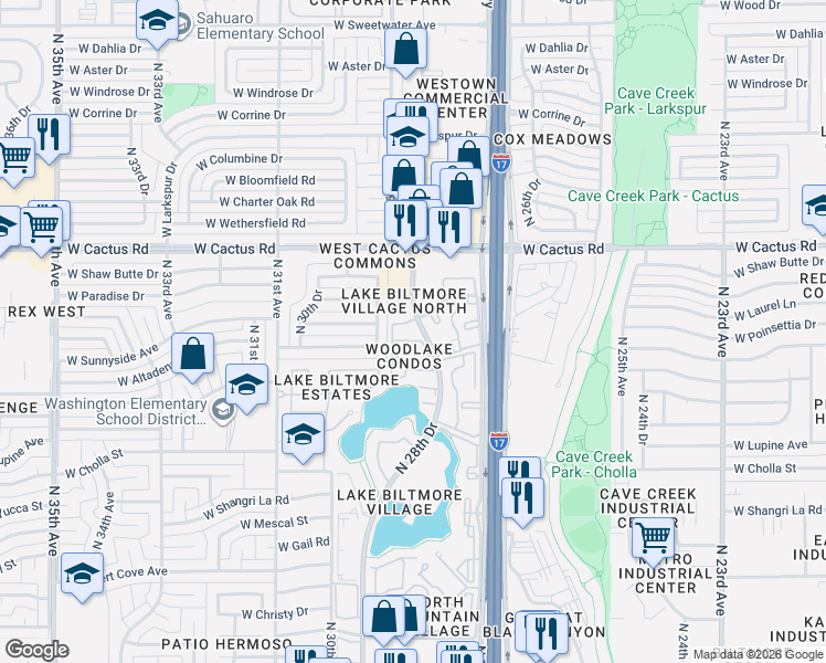 map of restaurants, bars, coffee shops, grocery stores, and more near West Laurel Lane in Phoenix