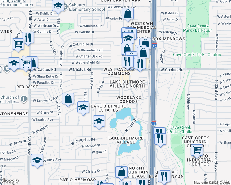 map of restaurants, bars, coffee shops, grocery stores, and more near 2912 West Laurel Lane in Phoenix