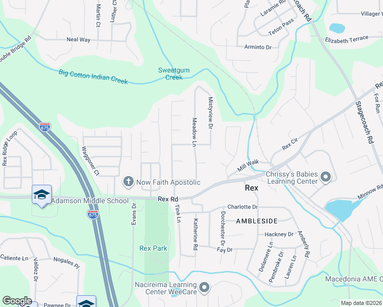 map of restaurants, bars, coffee shops, grocery stores, and more near 5893 Meadow Lane in Rex