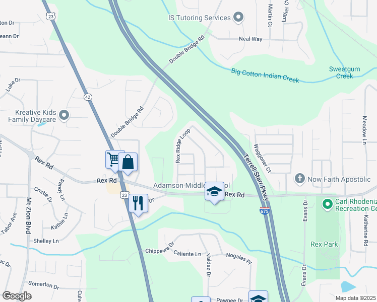 map of restaurants, bars, coffee shops, grocery stores, and more near 3106 Rex Ridge Circle in Rex