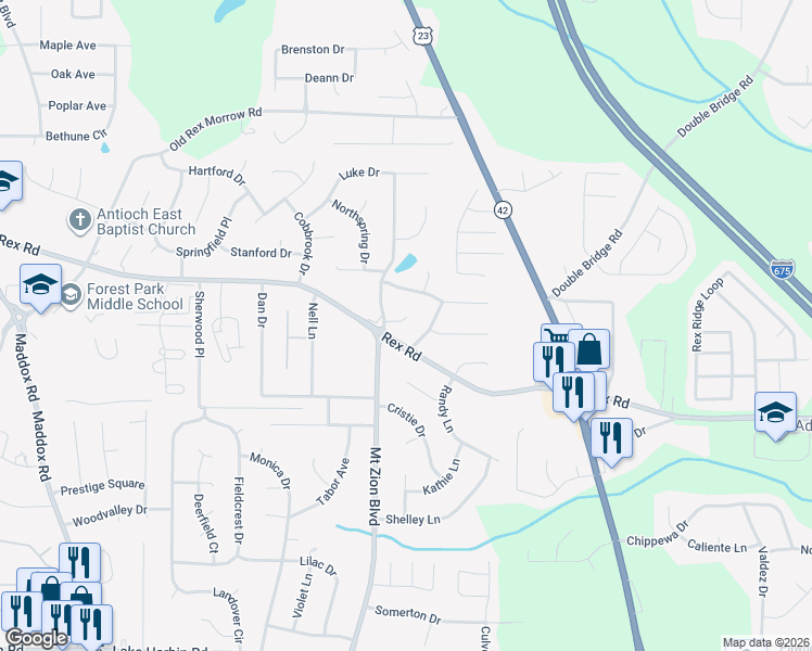 map of restaurants, bars, coffee shops, grocery stores, and more near 2729 Terries Landing Court in Ellenwood