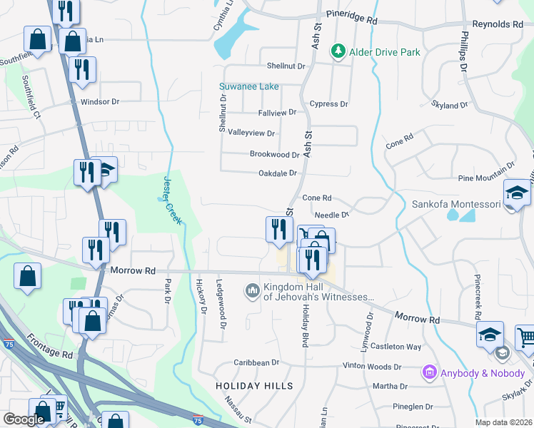 map of restaurants, bars, coffee shops, grocery stores, and more near 693 Melrose Drive in Forest Park