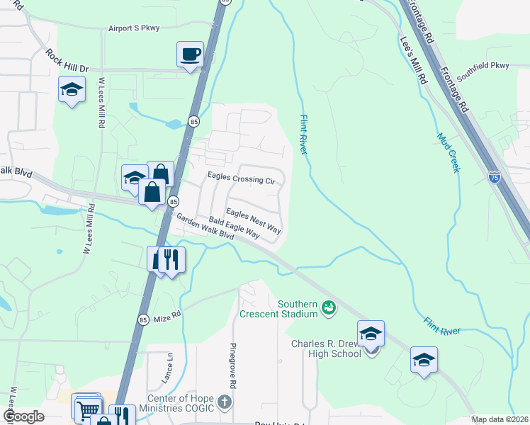 map of restaurants, bars, coffee shops, grocery stores, and more near 377 Eagles Flight Lane in Riverdale