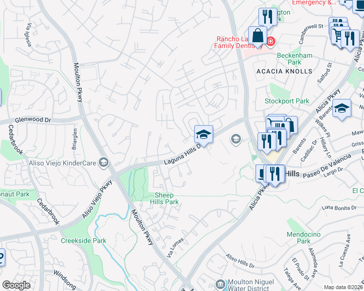 map of restaurants, bars, coffee shops, grocery stores, and more near 837 Ronda Sevilla in Laguna Woods
