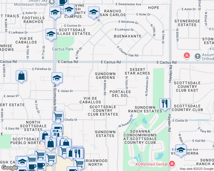 map of restaurants, bars, coffee shops, grocery stores, and more near 7611 East Jenan Drive in Scottsdale