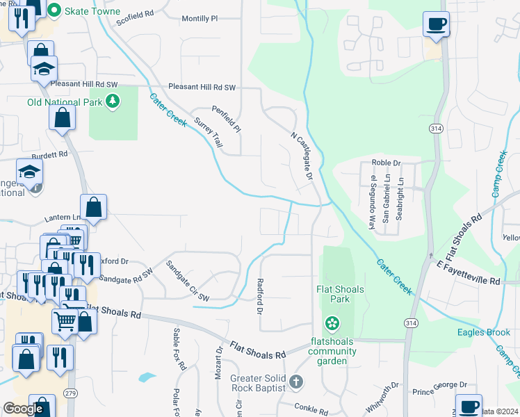 map of restaurants, bars, coffee shops, grocery stores, and more near 5797 Friar Court in Atlanta
