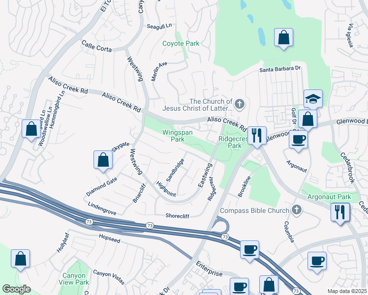 map of restaurants, bars, coffee shops, grocery stores, and more near 11 Heatherwood in Aliso Viejo