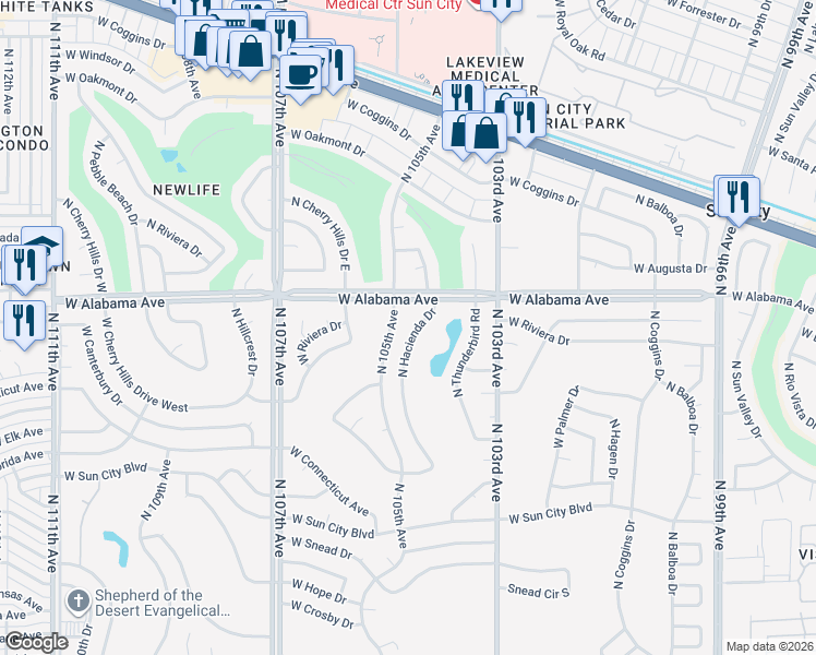 map of restaurants, bars, coffee shops, grocery stores, and more near 12032 North 105th Avenue in Sun City