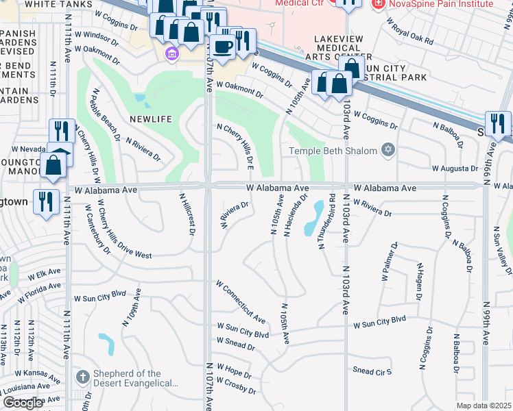 map of restaurants, bars, coffee shops, grocery stores, and more near 12045 North Cherry Hills Drive East in Sun City