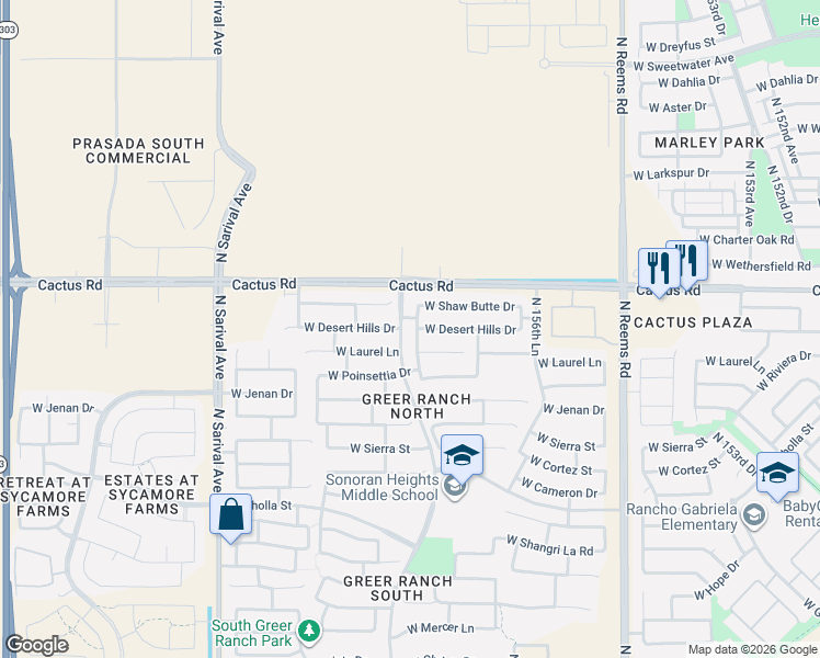 map of restaurants, bars, coffee shops, grocery stores, and more near 15944 West Desert Hills Drive in Surprise