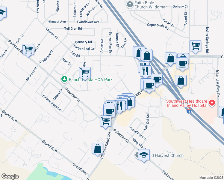 map of restaurants, bars, coffee shops, grocery stores, and more near 23347 Crystal Way in Wildomar
