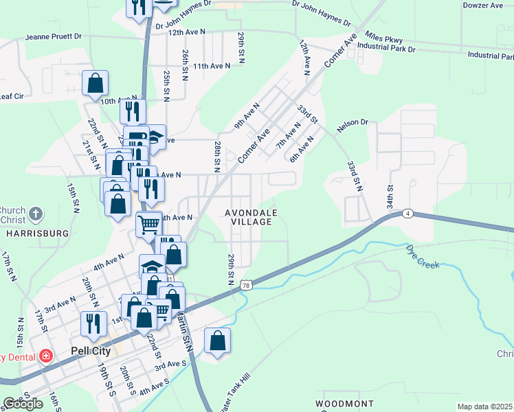map of restaurants, bars, coffee shops, grocery stores, and more near 504 30th Street North in Pell City