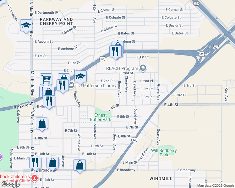 map of restaurants, bars, coffee shops, grocery stores, and more near 306 Beech Avenue in Lubbock