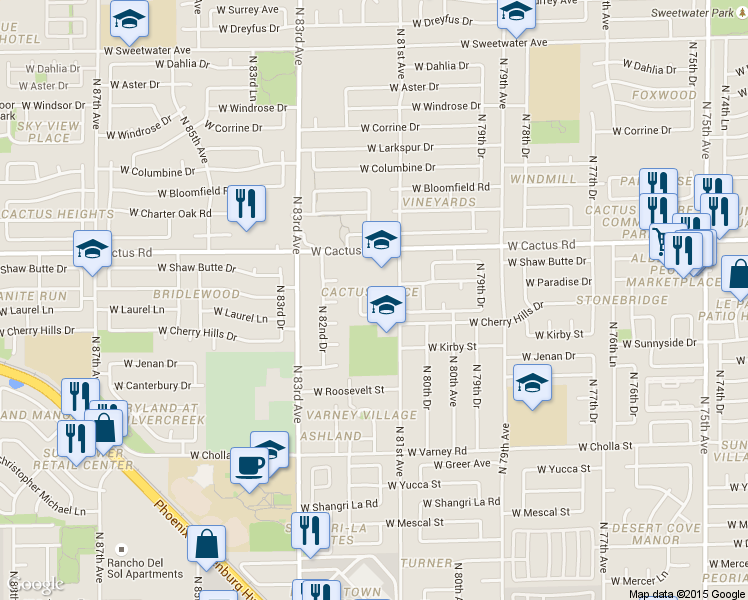 map of restaurants, bars, coffee shops, grocery stores, and more near 8135 West Pamela Lane in Peoria