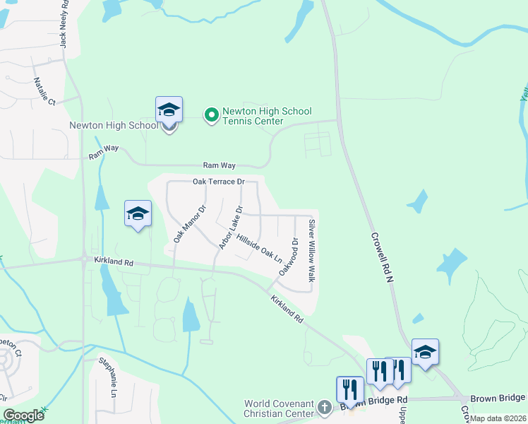 map of restaurants, bars, coffee shops, grocery stores, and more near 420 Silver Willow Walk in Covington