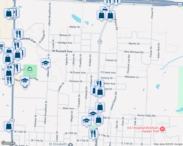 map of restaurants, bars, coffee shops, grocery stores, and more near 105 E Evans Ave in Bonham