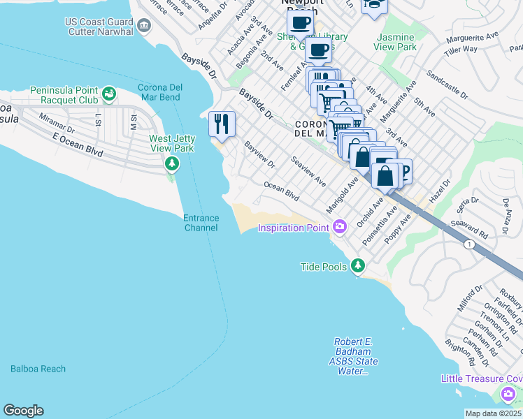 map of restaurants, bars, coffee shops, grocery stores, and more near 3011-3099 E Shore Ave in Newport Beach