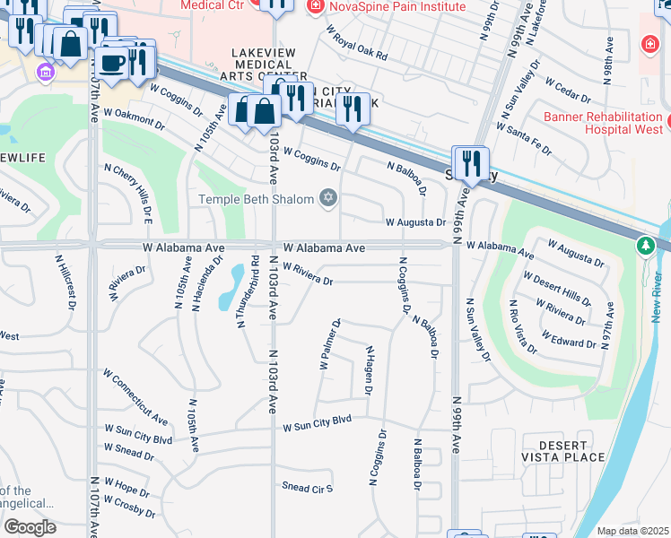 map of restaurants, bars, coffee shops, grocery stores, and more near 10129 West Desert Hills Drive in Sun City
