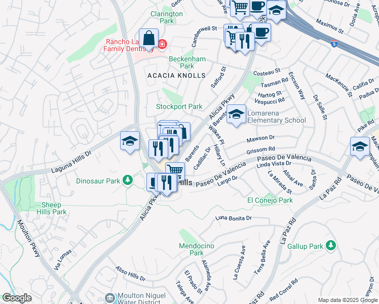 map of restaurants, bars, coffee shops, grocery stores, and more near 25381 Barents in Laguna Hills
