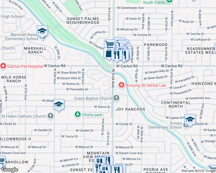 map of restaurants, bars, coffee shops, grocery stores, and more near 5153 West Riviera Drive in Glendale