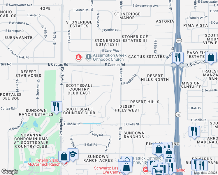 map of restaurants, bars, coffee shops, grocery stores, and more near 8325 East Jenan Drive in Scottsdale