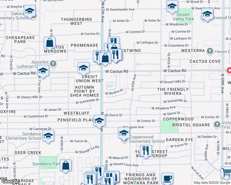map of restaurants, bars, coffee shops, grocery stores, and more near 6599 West Riviera Drive in Glendale