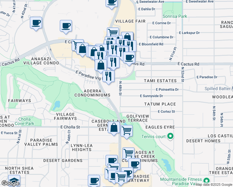 map of restaurants, bars, coffee shops, grocery stores, and more near 4801 East Poinsettia Drive in Scottsdale