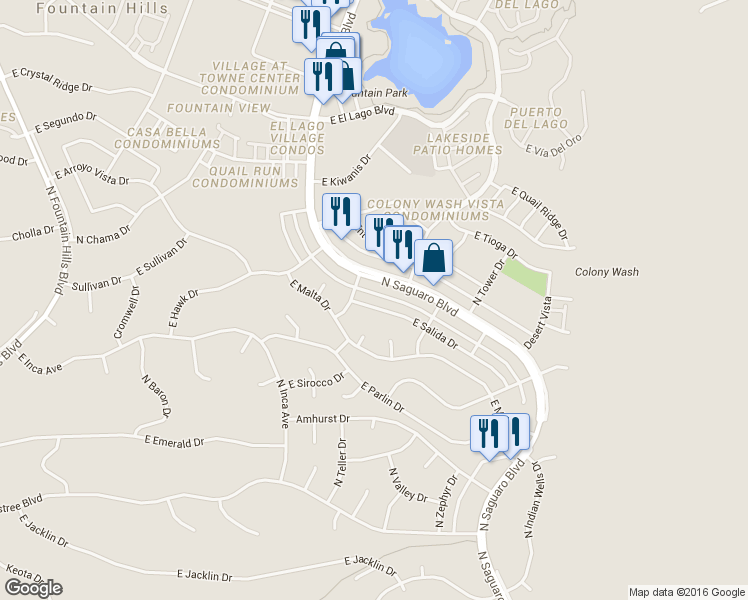 map of restaurants, bars, coffee shops, grocery stores, and more near 16924 East Salida Drive in Fountain Hills