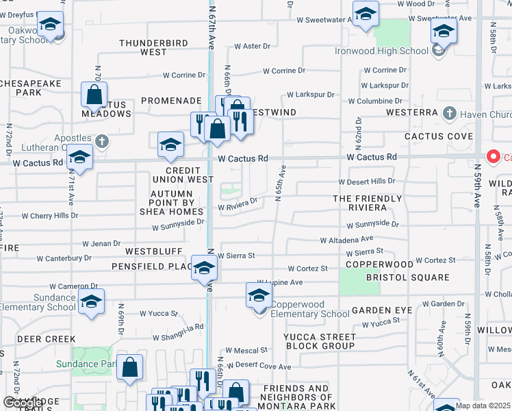 map of restaurants, bars, coffee shops, grocery stores, and more near 6524 West Poinsettia Drive in Glendale