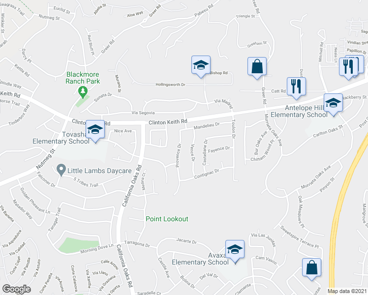 map of restaurants, bars, coffee shops, grocery stores, and more near 36142 Provence Drive in Murrieta