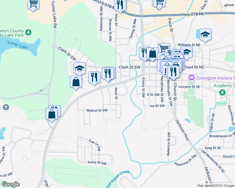 map of restaurants, bars, coffee shops, grocery stores, and more near 3174 Fowler Street Southwest in Covington