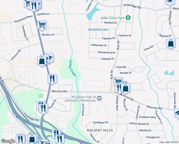 map of restaurants, bars, coffee shops, grocery stores, and more near 623 Melrose Drive in Forest Park