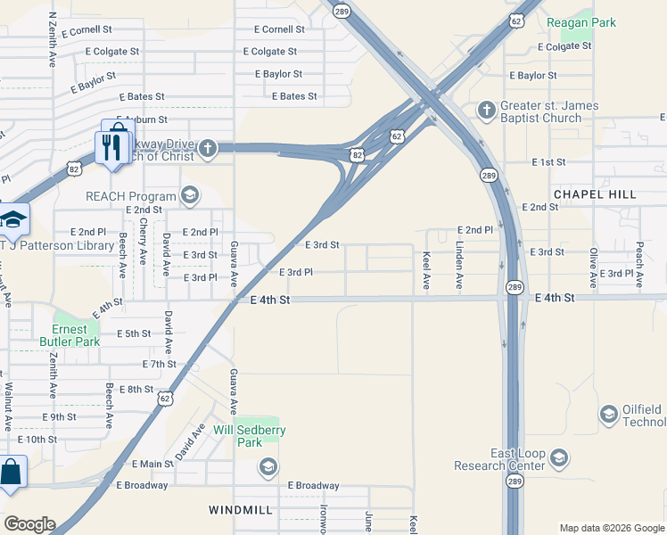 map of restaurants, bars, coffee shops, grocery stores, and more near 3425 East 3rd Place in Lubbock